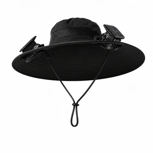 Nexora Plus solar cooling hat in midnight black with dual fans and solar panel