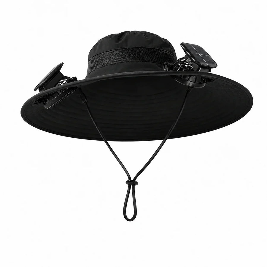 Nexora Plus solar cooling hat in midnight black with dual fans and solar panel