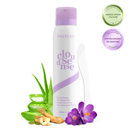Nexora Plus gentle hair-removal mousse can with aloe, ginseng and a purple flower